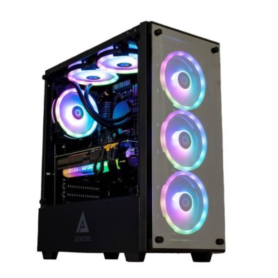 Gaming pc computer in a black case with RTX 3080 GPU and RBG lighting