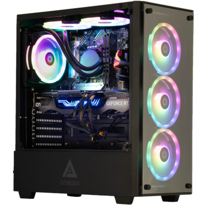 Black gaming pc computer with RGB lighting and an NVIDIA RTX GPU